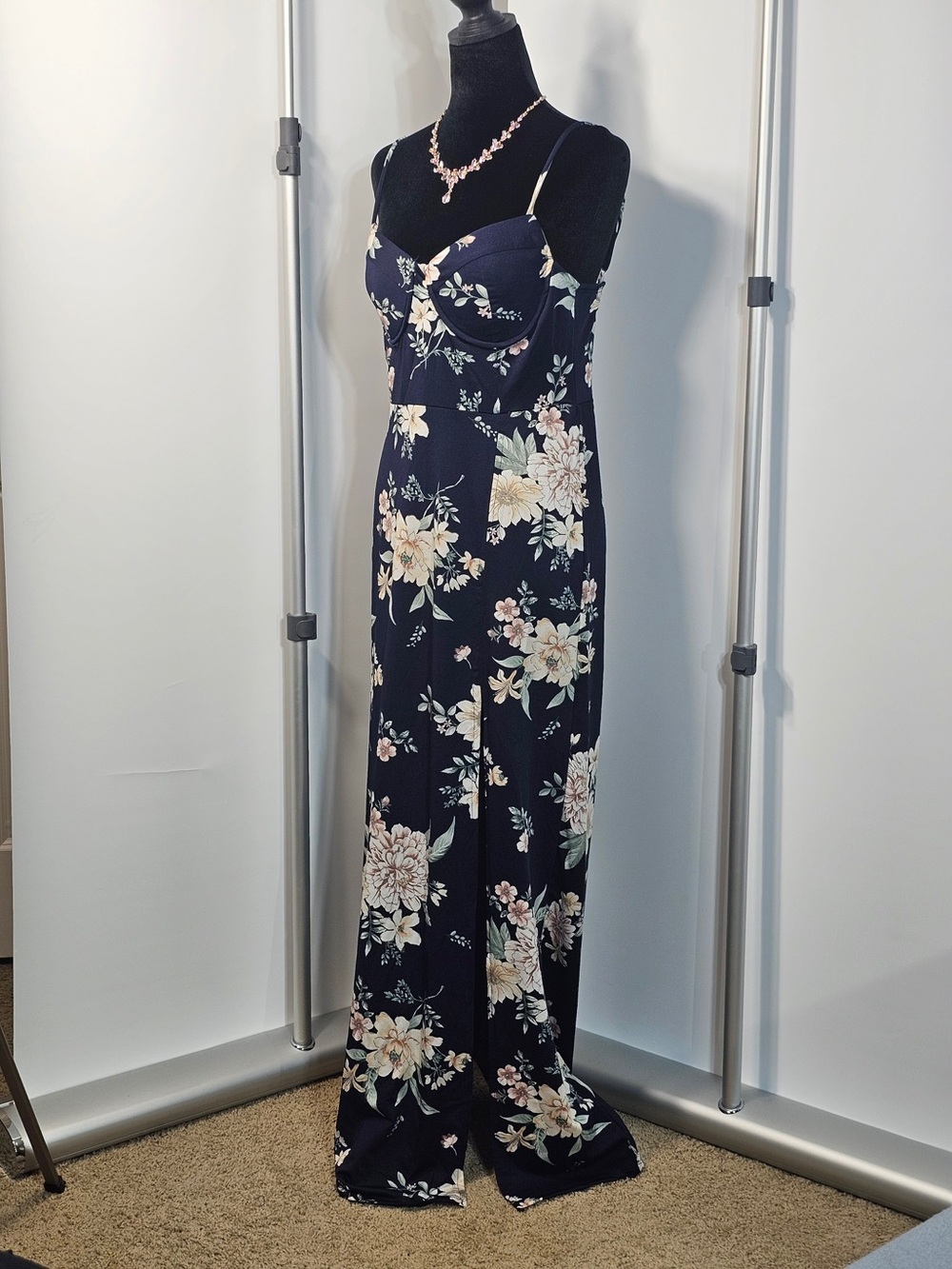 #198 Women’s L Navy Floral Bustier Maxi Dress